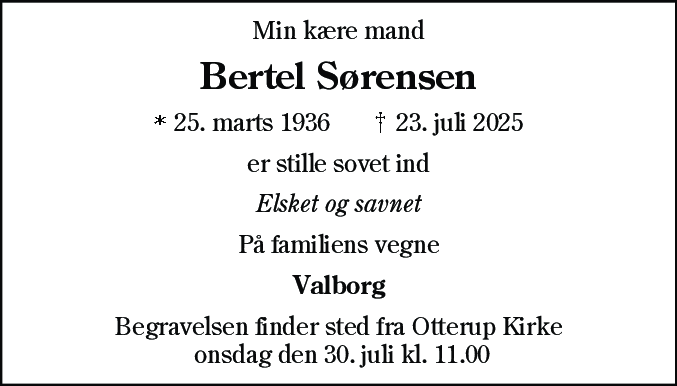 Dødsannonce for Niels Bertel Bang Sørensen