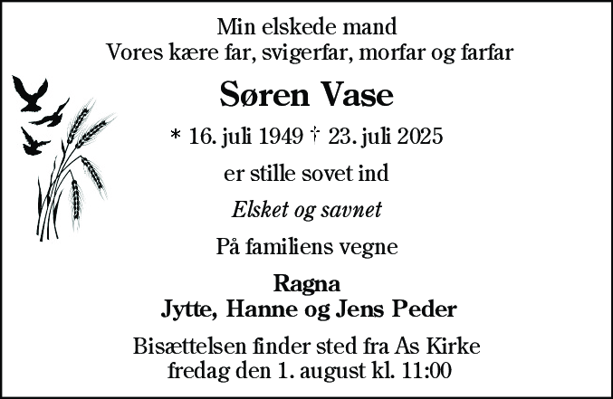 Dødsannonce for Søren Marius Vase