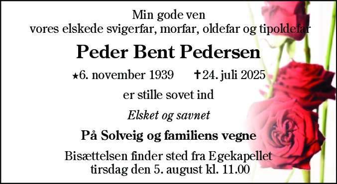 Dødsannonce for Peder Bent Pedersen