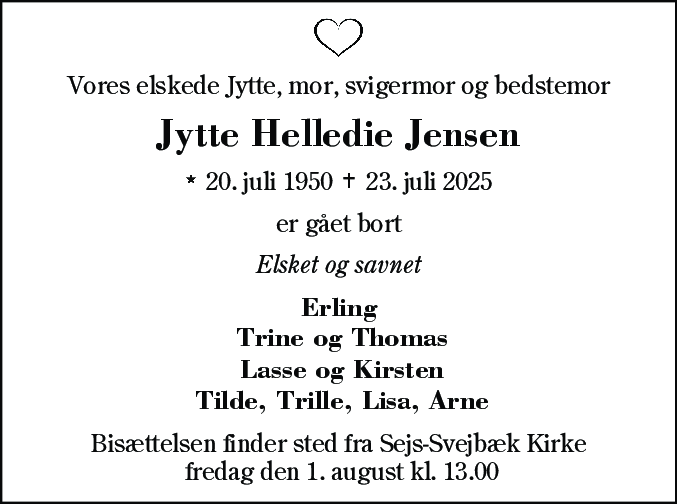 Dødsannonce for Jytte Helledie Jensen