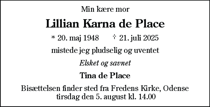 Dødsannonce for Lillian Karna de Place