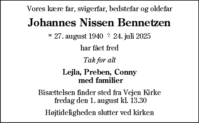 Dødsannonce for Johannes Nissen Bennetzen
