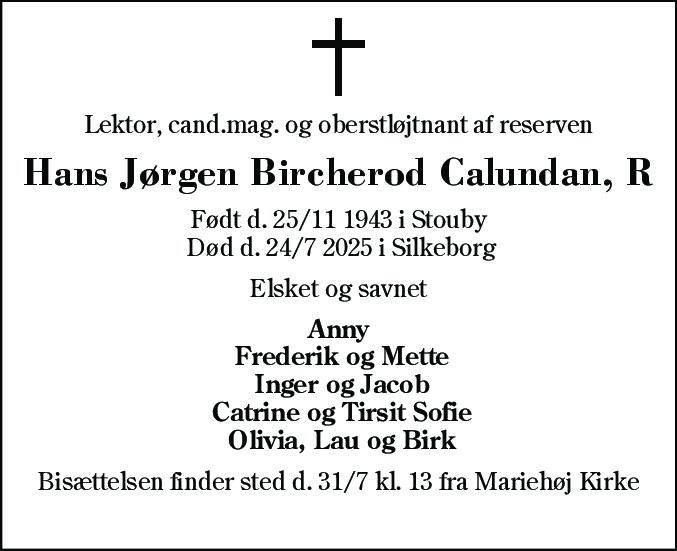 Dødsannonce for Hans Jørgen Bircherod Calundan