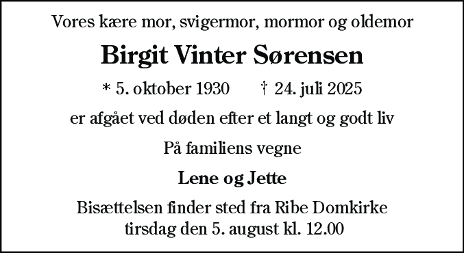 Dødsannonce for Birgit Vinter Sørensen