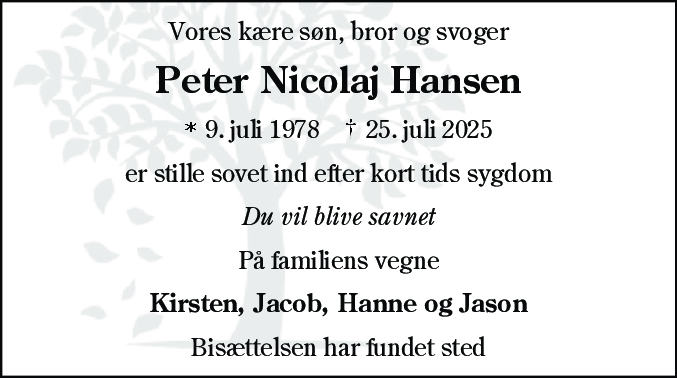 Dødsannonce for Peter Nicolaj Hansen