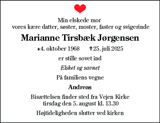 Dødsannonce for Marianne Tirsbæk Jørgensen