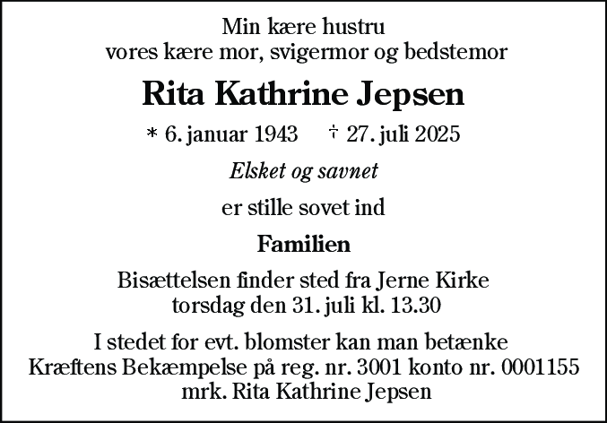 Dødsannonce for Rita Kathrine Jepsen