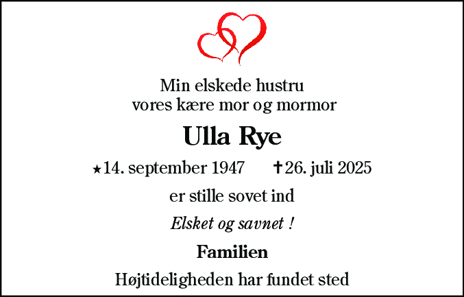 Dødsannonce for Ulla Rye