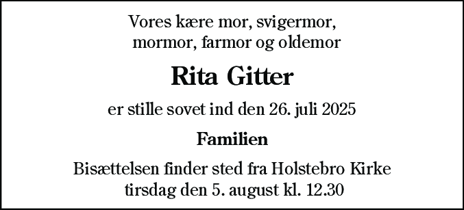 Dødsannonce for Rita Gitter