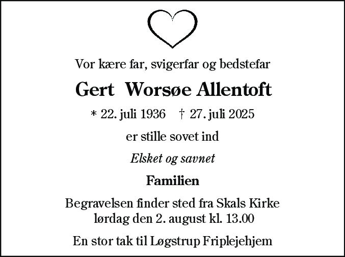 Dødsannonce for Gert Allentoft