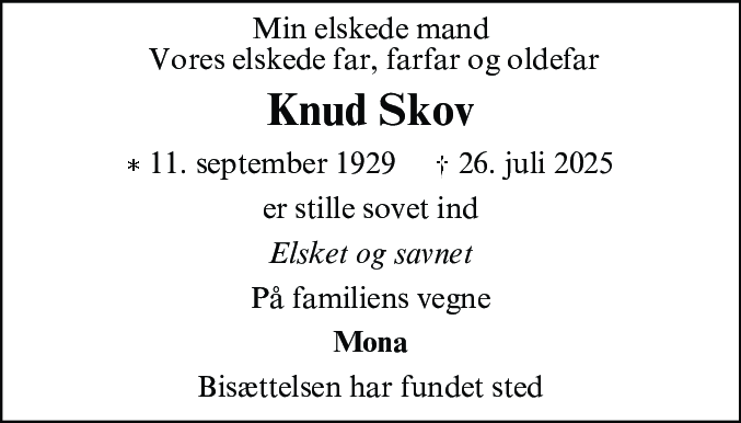 Dødsannonce for Knud Skov