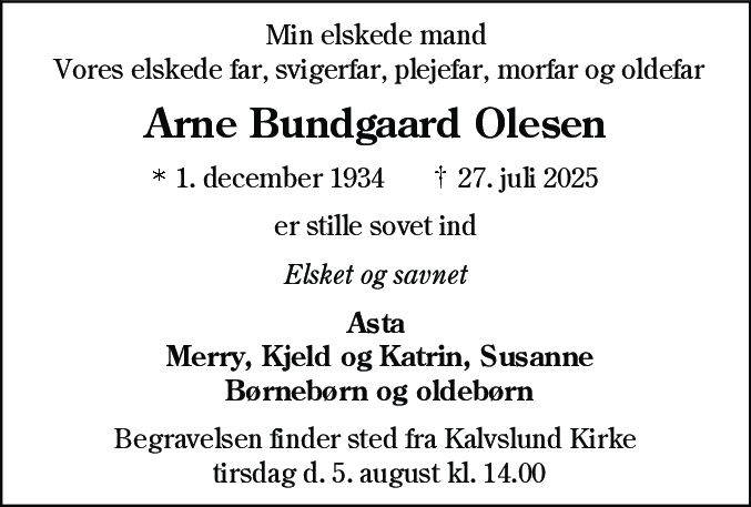 Dødsannonce for Arne Bundgaard Olesen