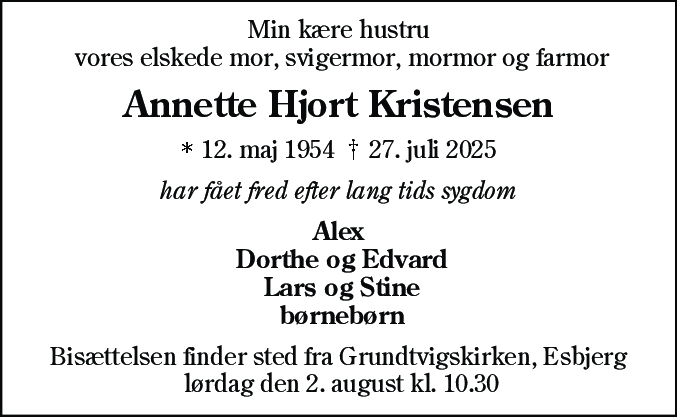 Dødsannonce for Annette Hjort Kristensen