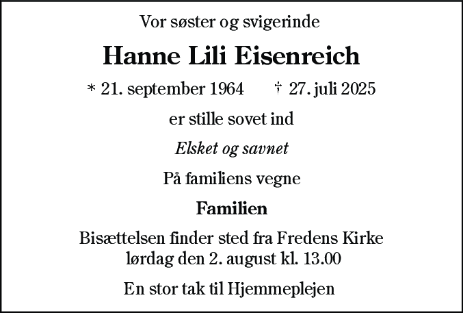 Dødsannonce for Hanne Lili Eisenreich