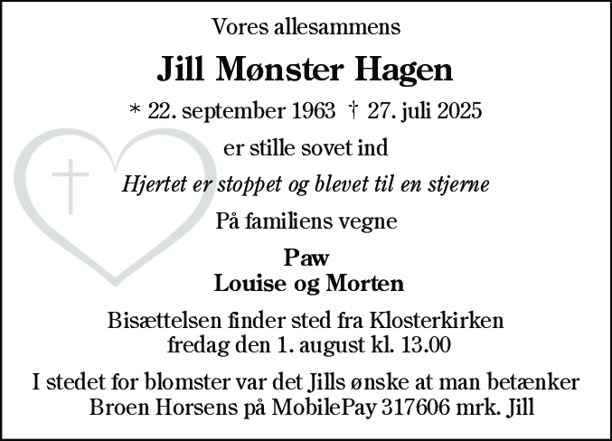 Dødsannonce for Jill Mønster Hagen