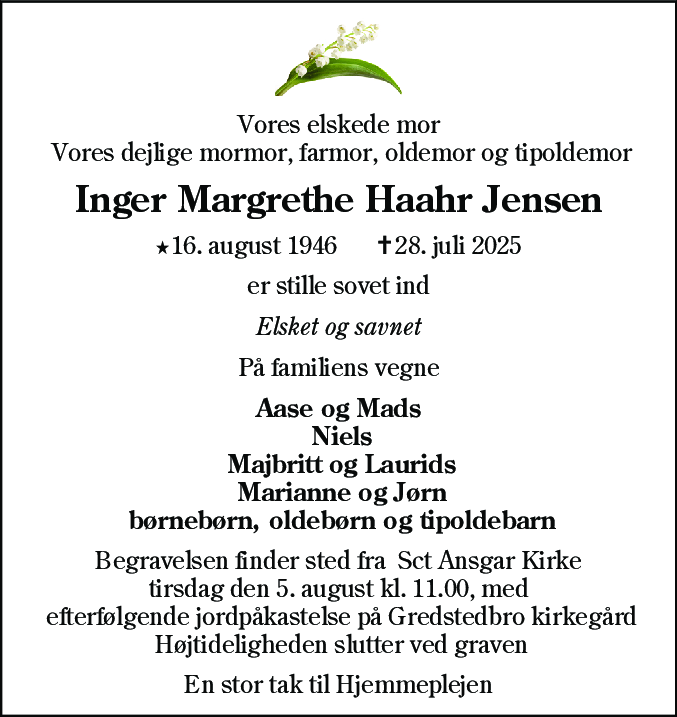 Dødsannonce for Inger Margrethe Haahr Jensen