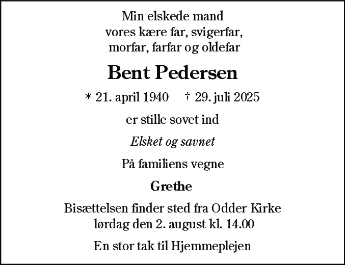 Dødsannonce for Bent Pedersen