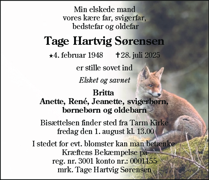 Dødsannonce for Tage Hartvig Sørensen