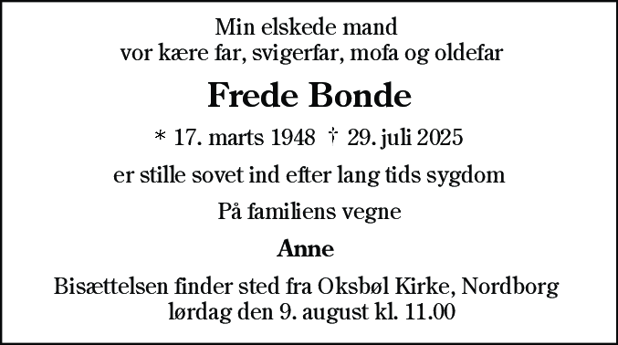 Dødsannonce for Frede Bonde