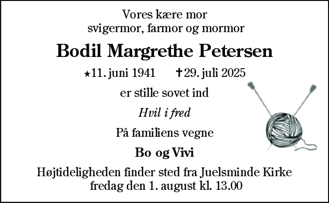 Dødsannonce for Bodil Margrethe Petersen