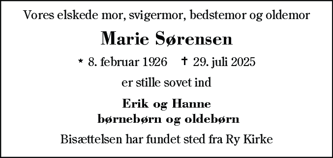 Dødsannonce for Marie Sørensen