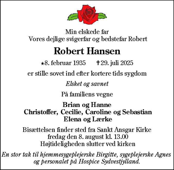 Dødsannonce for Robert Hansen