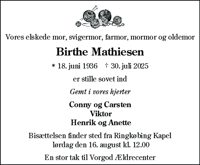 Dødsannonce for Birthe Mathiesen