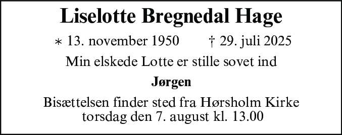 Dødsannonce for Liselotte Bregnedal Hage