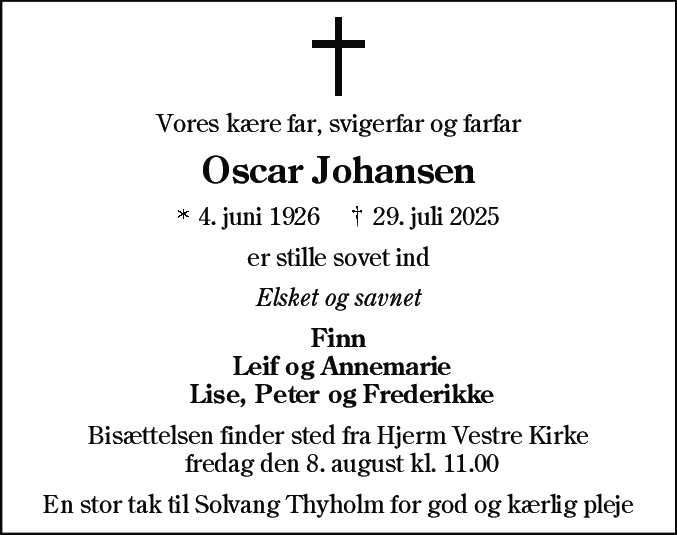 Dødsannonce for Oscar Johansen