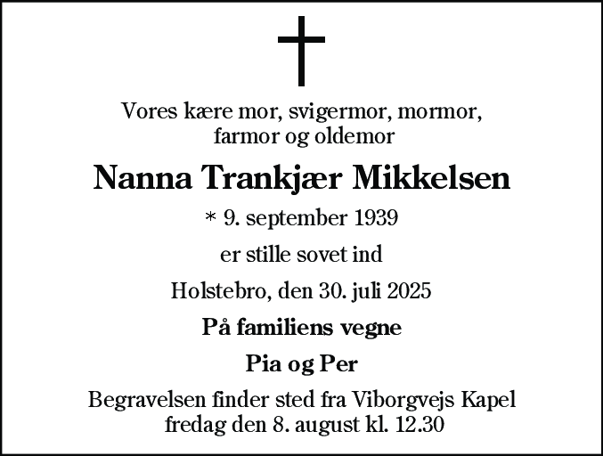 Dødsannonce for Nanna Trankjær Mikkelsen