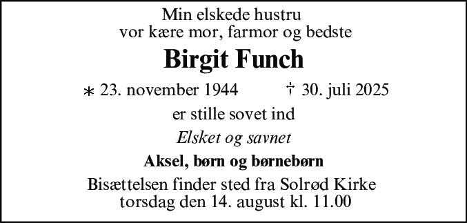 Dødsannonce for Birgit Tove Funch