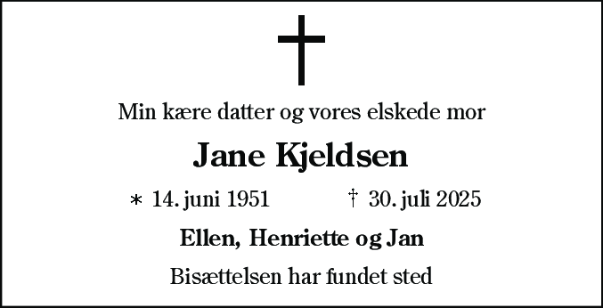 Dødsannonce for Jane Kjeldsen