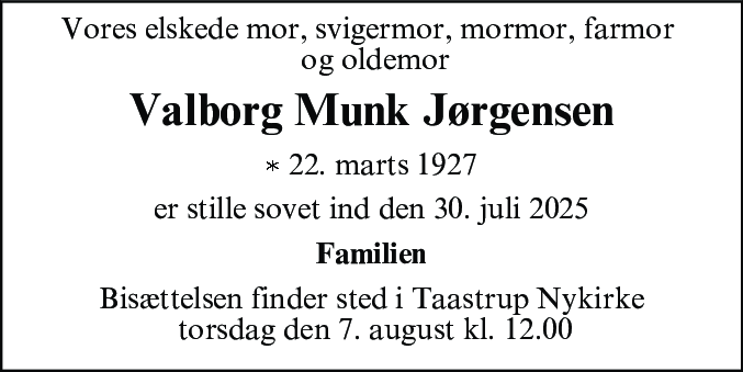 Dødsannonce for Valborg Munk Jørgensen