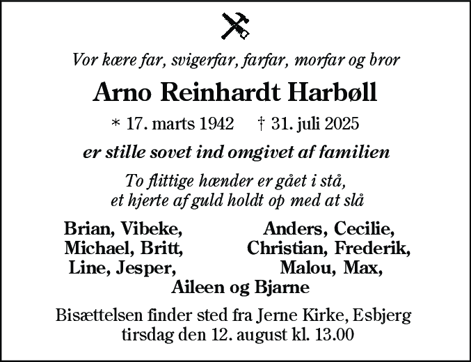 Dødsannonce for Arno Reinhardt Harbøll
