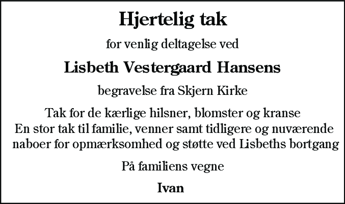 Dødsannonce for Lisbeth Vestergaard Hansen