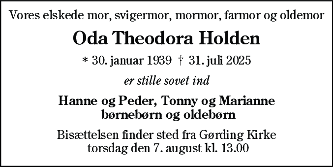 Dødsannonce for Oda Theodora Holden