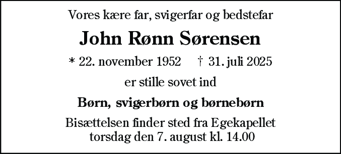 Dødsannonce for John Rønn Sørensen