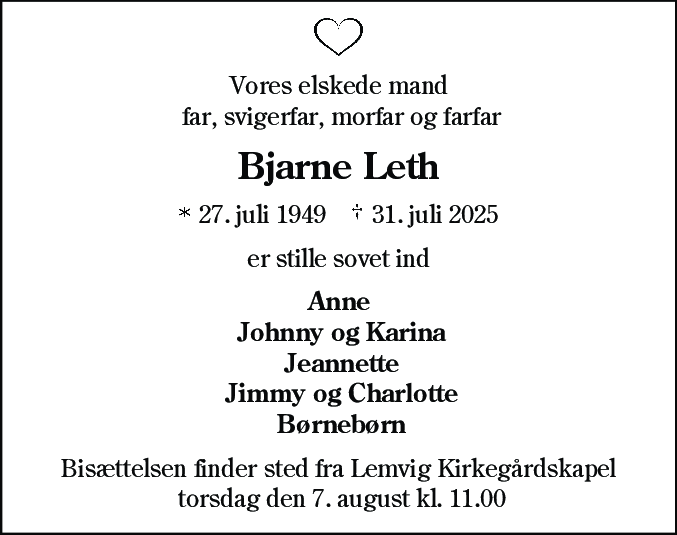 Dødsannonce for Bjarne Leth