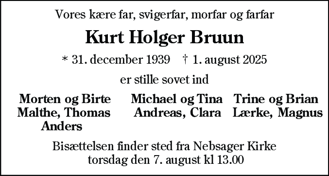 Dødsannonce for Kurt Holger Bruun