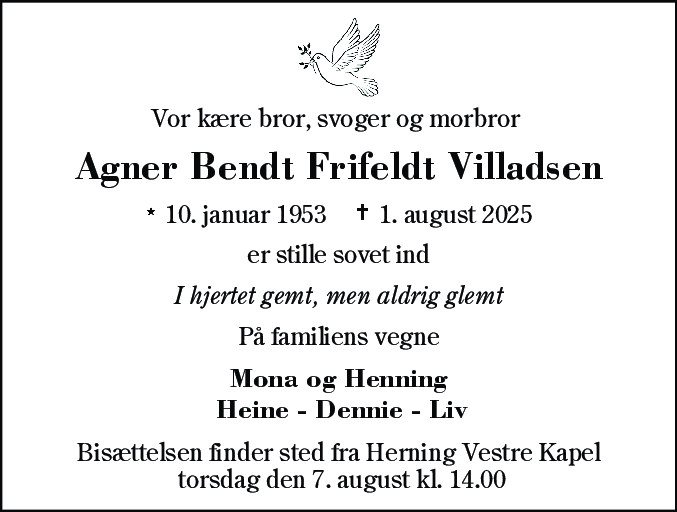 Dødsannonce for Agner Bendt Frifeldt Villadsen