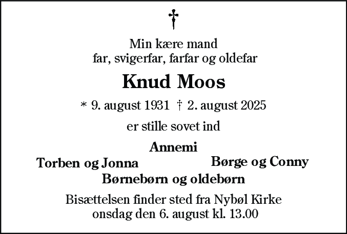 Dødsannonce for Knud Åge Moos