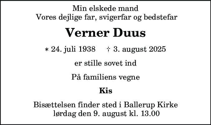 Dødsannonce for Verner Duus