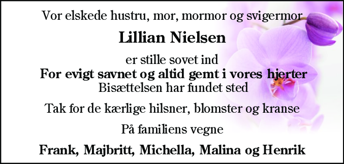 Dødsannonce for Lillian Nielsen