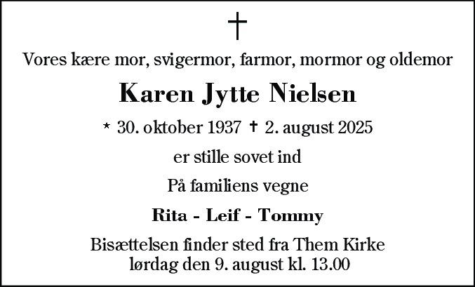 Dødsannonce for Karen Jytte Nielsen