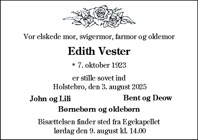 Dødsannonce for Edith Kristiane Vester
