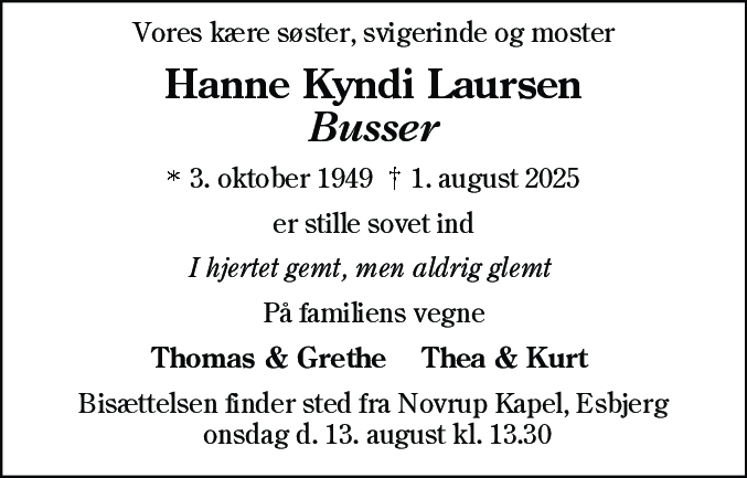 Dødsannonce for Hanne Kyndi Laursen