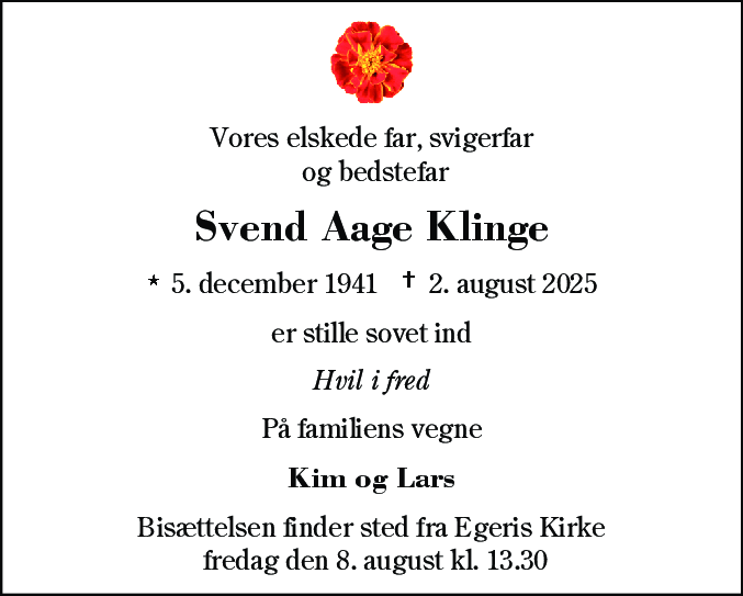 Dødsannonce for Svend Aage Klinge