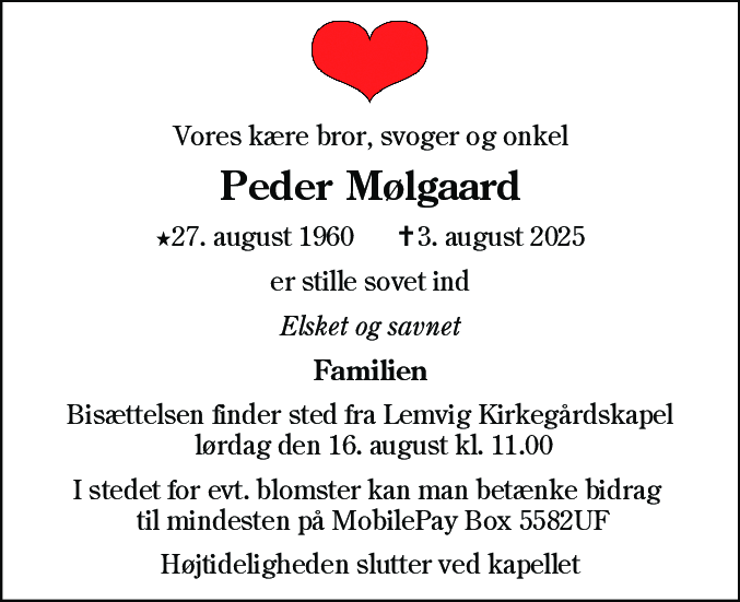 Dødsannonce for Peder Mølgaard