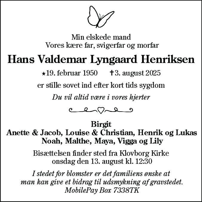 Dødsannonce for Hans Valdemar Lyngaard Henriksen