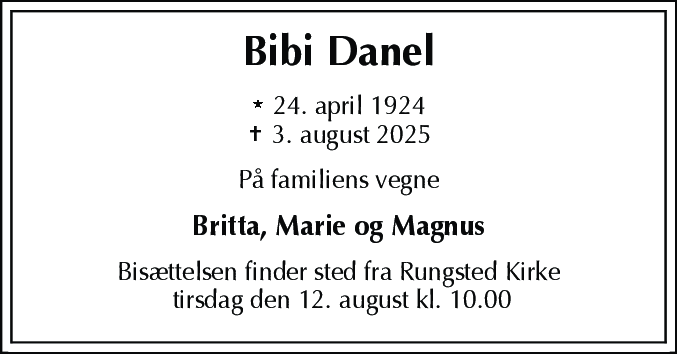 Dødsannonce for Bibi Rut Danel